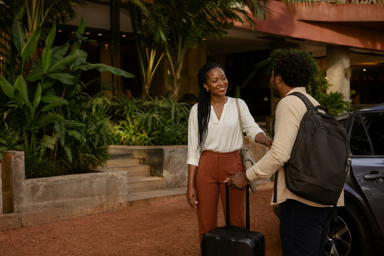 Visuel généré d’une professionnelle accueillant un voyageur au Cameroun